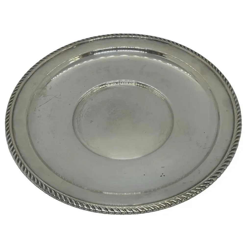 Mid 20th Century 9.5” Round Silver-Plated Serving Tray Platter Rope-Style Border